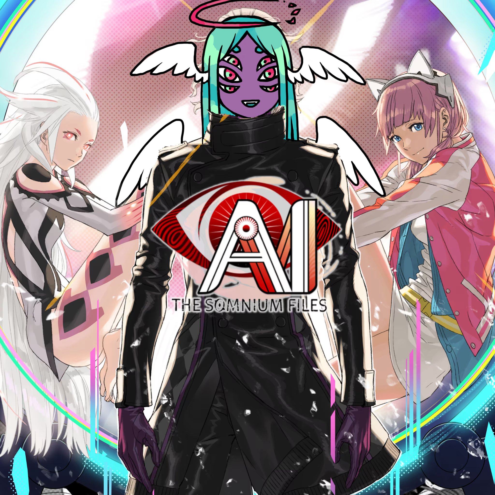 A promotional image for AI: The Somnium Files with Ianthe's face
                                                and wings edited on to Date